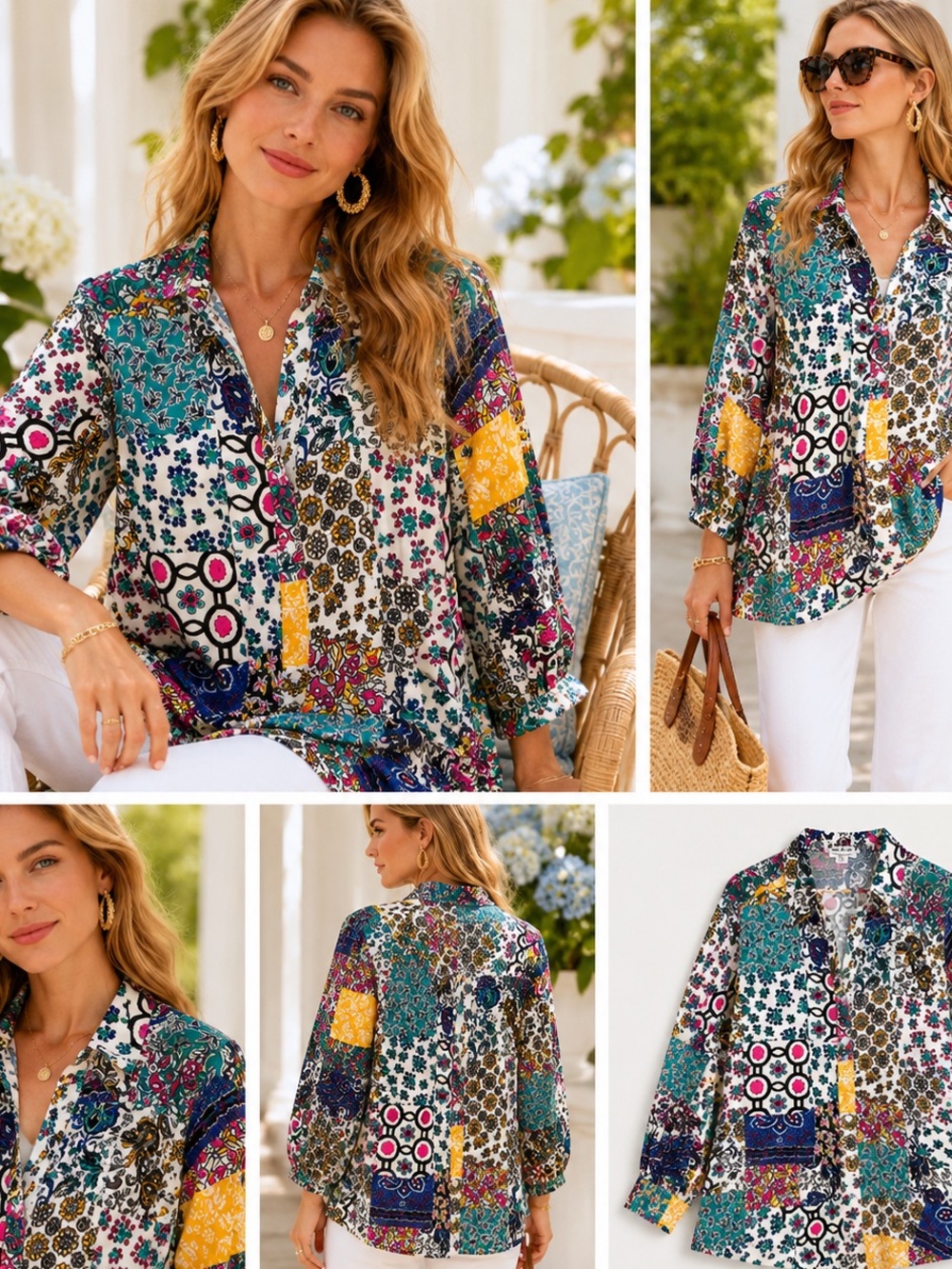 Patchwork Floral Blouse 2X Bohemian Whimsy For The Republic